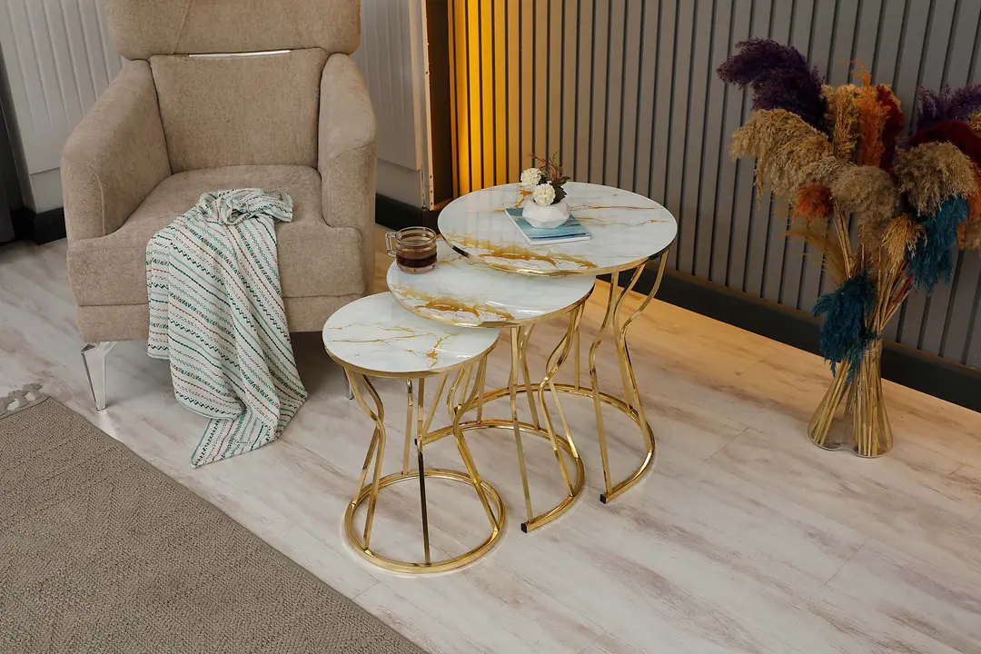 Beyza, Zigon Sehpa, Gold Metal, Mermer Desen
